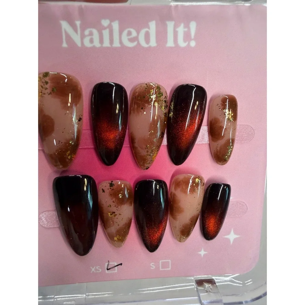Nailed It! Press On Nails XS Burgundy Cat Eye Gold Flake Marble Almond Shape